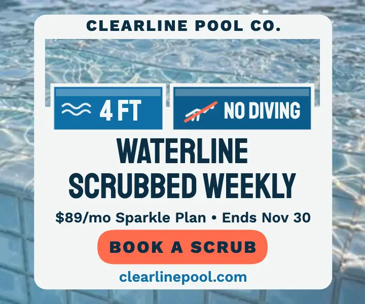 Clearline weekly tile scrub pool ad: pool cleaning ad template