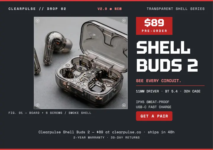 Clearpulse Shell Buds 2 product sheet: earbuds product sheet template