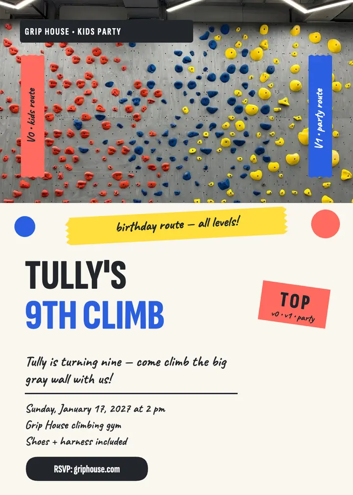 Tully's climbing birthday tape invite, Grip House: climbing birthday invitation template