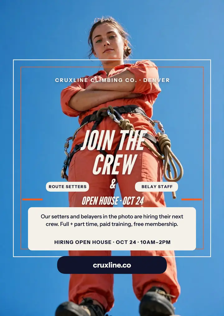 Cruxline climbing crew hiring flyer: climbing gym hiring flyer template