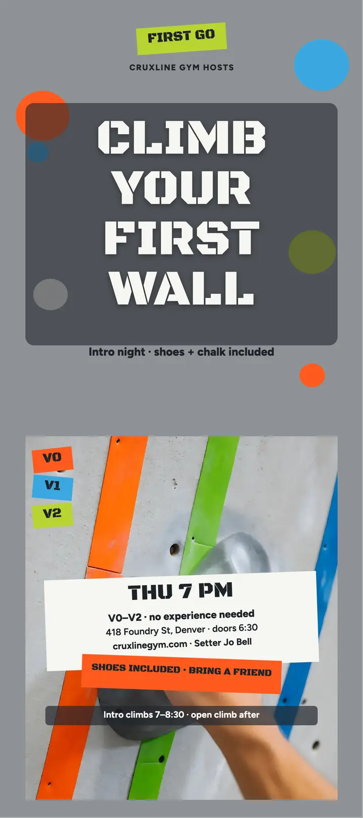 Cruxline intro night climbing rack card: climbing gym flyer template