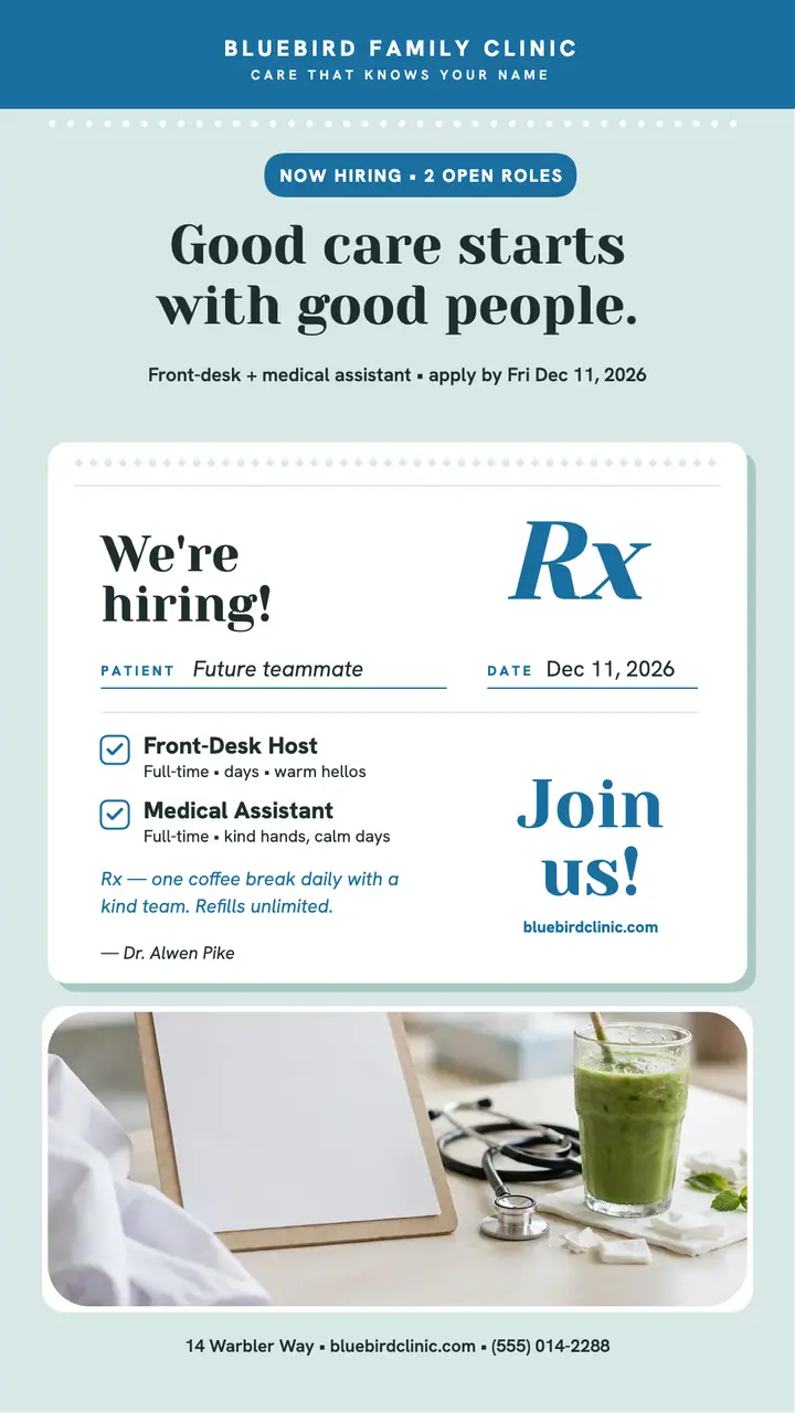 Bluebird clinic hiring Rx pad story template