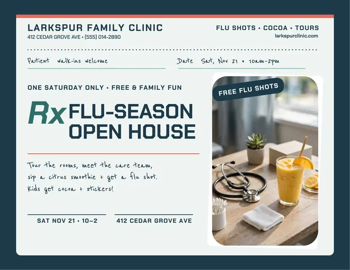 Larkspur clinic Rx open house flyer: clinic open house flyer template