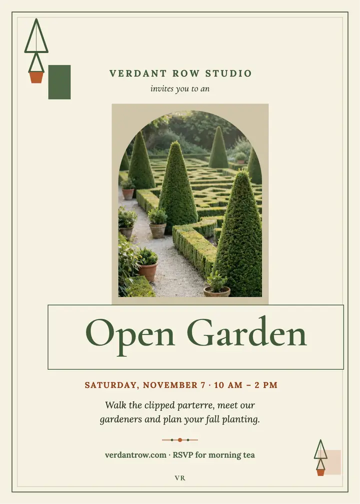 Verdant Row Studio open garden invitation: landscaping open garden invitation template