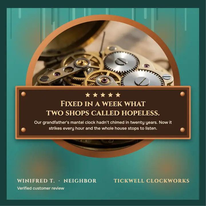 Tickwell clock repair review verdigris plaque post template