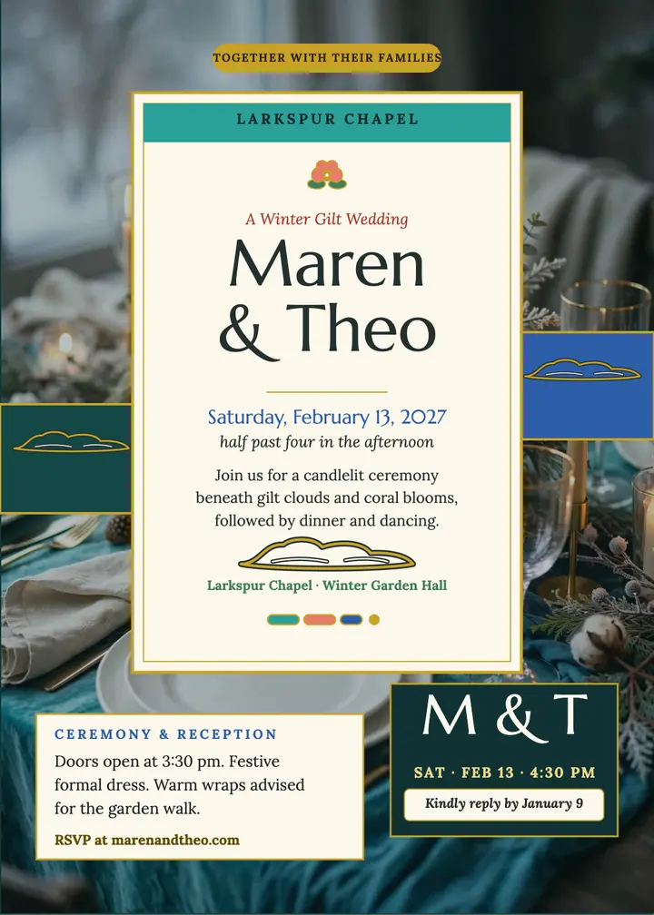 Maren and Theo winter gilt invitation: winter wedding invitation template