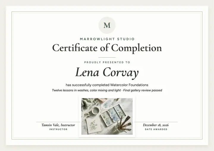 Lena Corvay watercolor certificate, Marrowlight template
