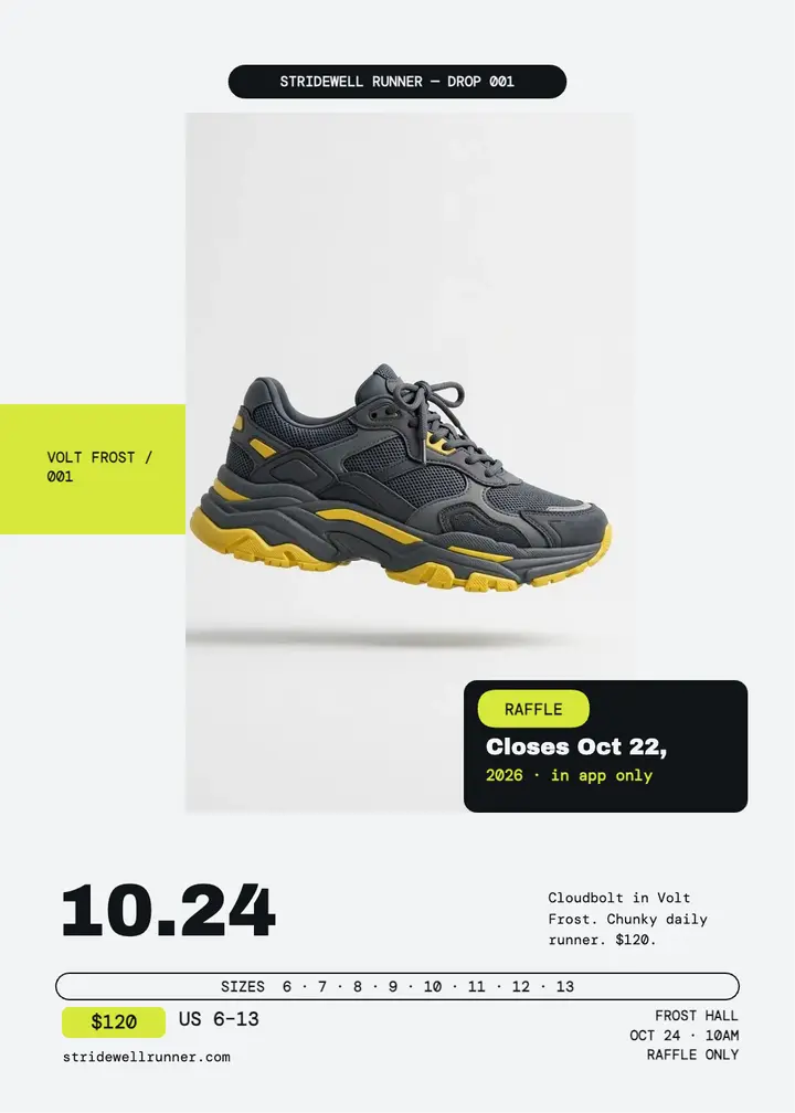 Stridewell Cloudbolt sneaker drop invitation template