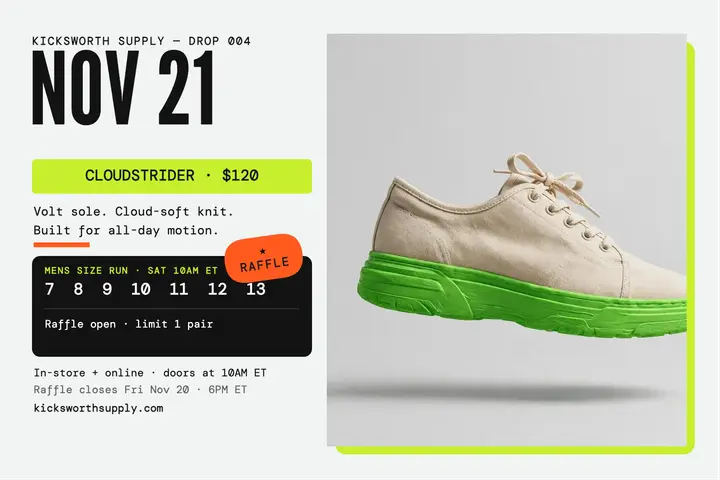 Cloudstrider sneaker drop postcard: sneaker drop postcard template