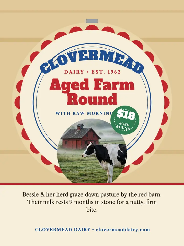 Clovermead aged farm cheese portrait: cheese deli post template