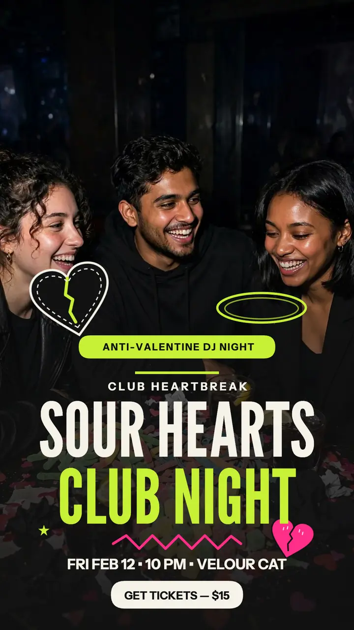 Club Heartbreak sour hearts night story template