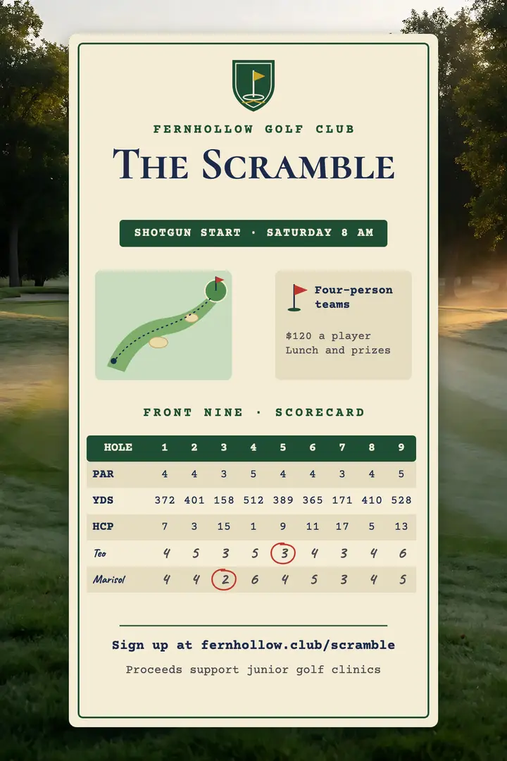 Golf club scramble scorecard poster template