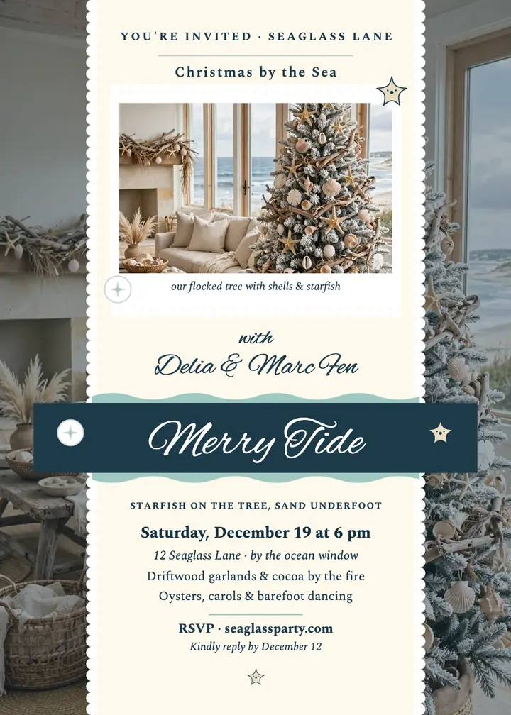 Merry Tide beach-house Christmas invitation: christmas party invitation template