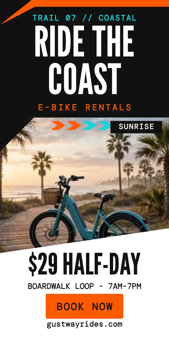 Gustway Rides coastal e-bike ad: e-bike rental ad template