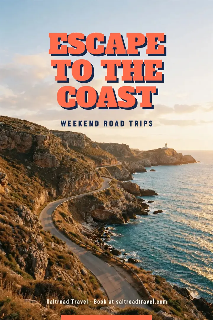 Retro coral coastal escape travel poster template