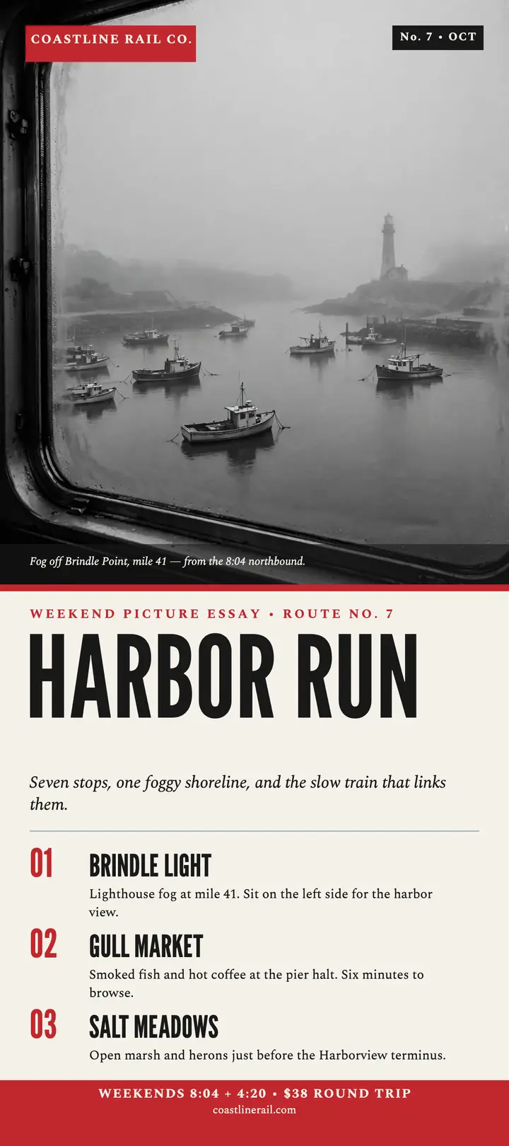 Harbor Run coastal rail photo essay rack card template