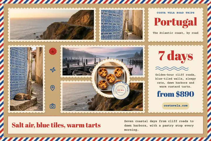 Costa Vela Portugal coastal road trip airmail postcard template