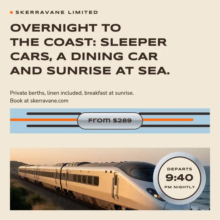 Skerravane Limited overnight sleeper train post: train ticket announcement post template