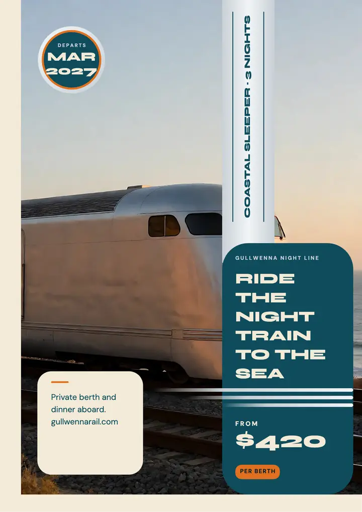 Gullwenna coastal sleeper train flyer, streamline moderne: sleeper train travel flyer template