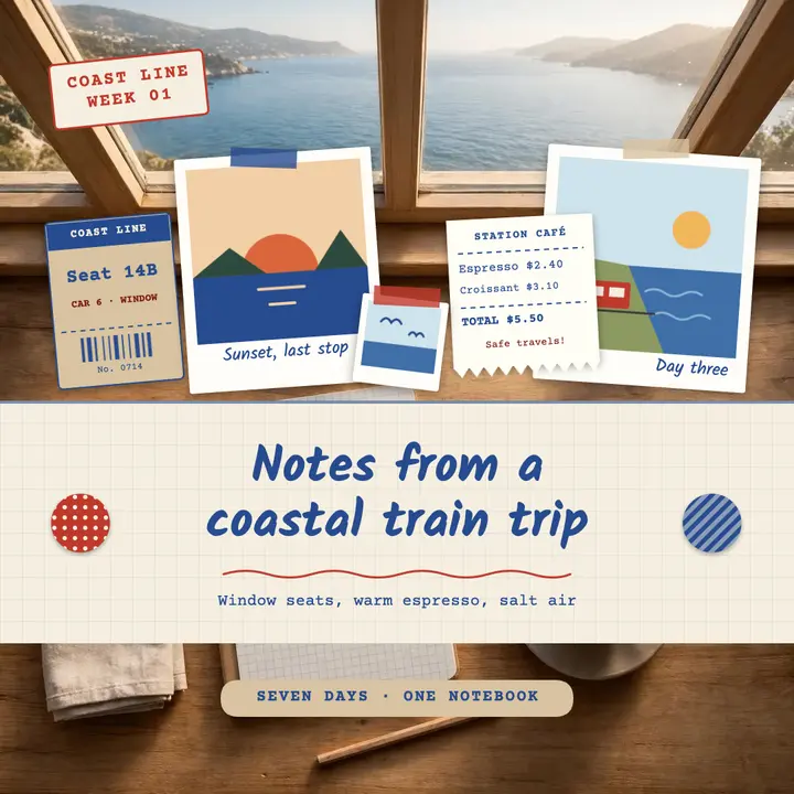 Coastal train trip travel journal post template