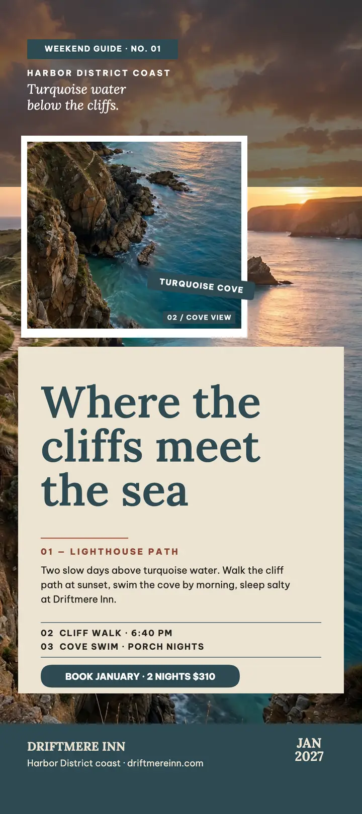 Driftmere Inn coastal weekend rack card template