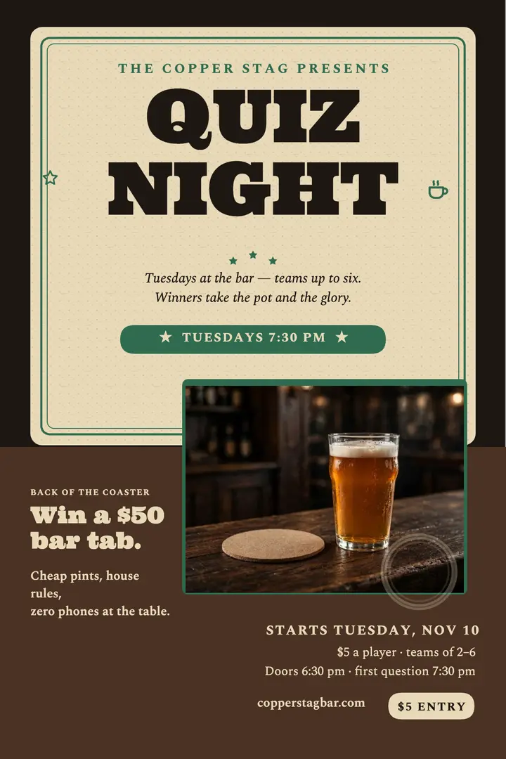 Copper Stag quiz night coaster poster template
