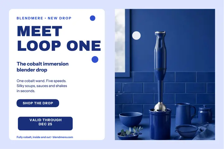 Blendmere Loop One cobalt blender postcard: blender launch postcard template