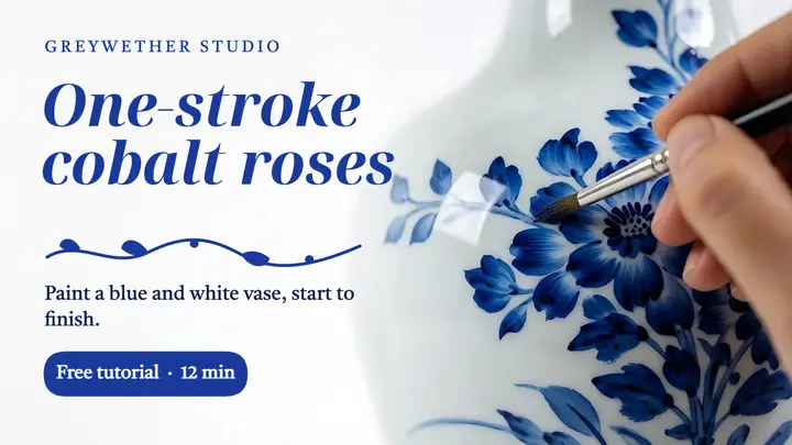 One-stroke cobalt roses painting tutorial thumbnail, blue porcelain template