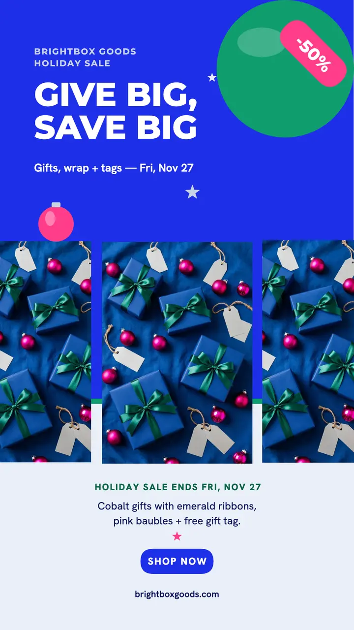 Brightbox Goods cobalt gift sale story: christmas gift sale story template