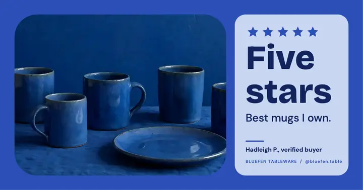Cobalt mugs five-star review Facebook post, color drench template
