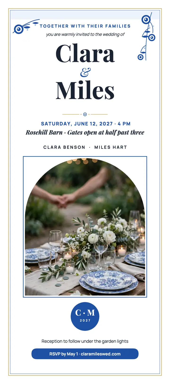 Clara and Miles cobalt rose invitation template