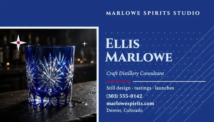 Marlowe Spirits Studio cobalt card: distillery consultant business card template
