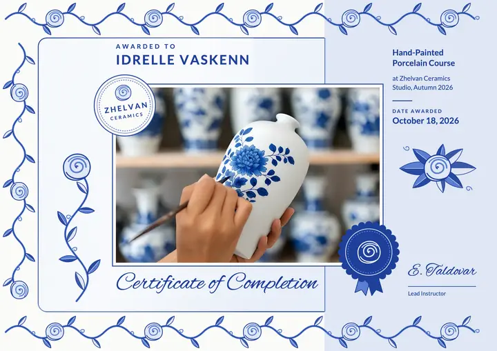 Cobalt vase painting course certificate, blue porcelain template