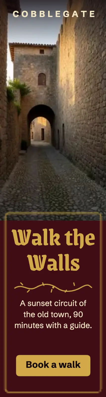 Cobblegate walking tours, future medieval skyscraper ad: walled town walking tour skyscraper ad template