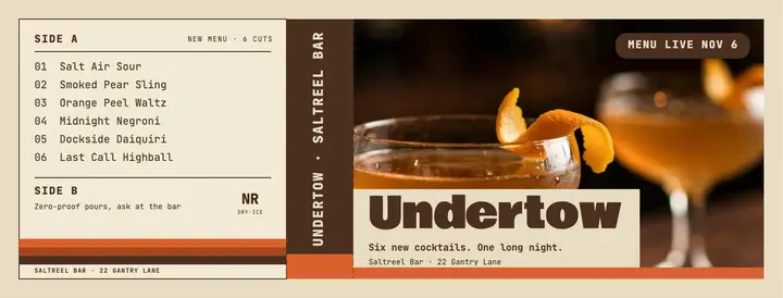 Saltreel Bar Undertow menu cassette cover template