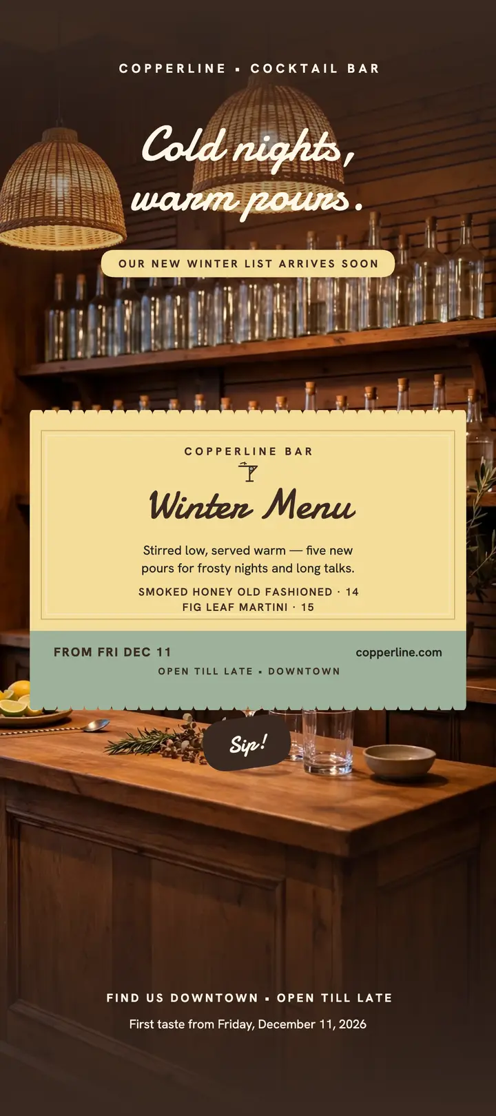Copperline winter menu napkin rack card template