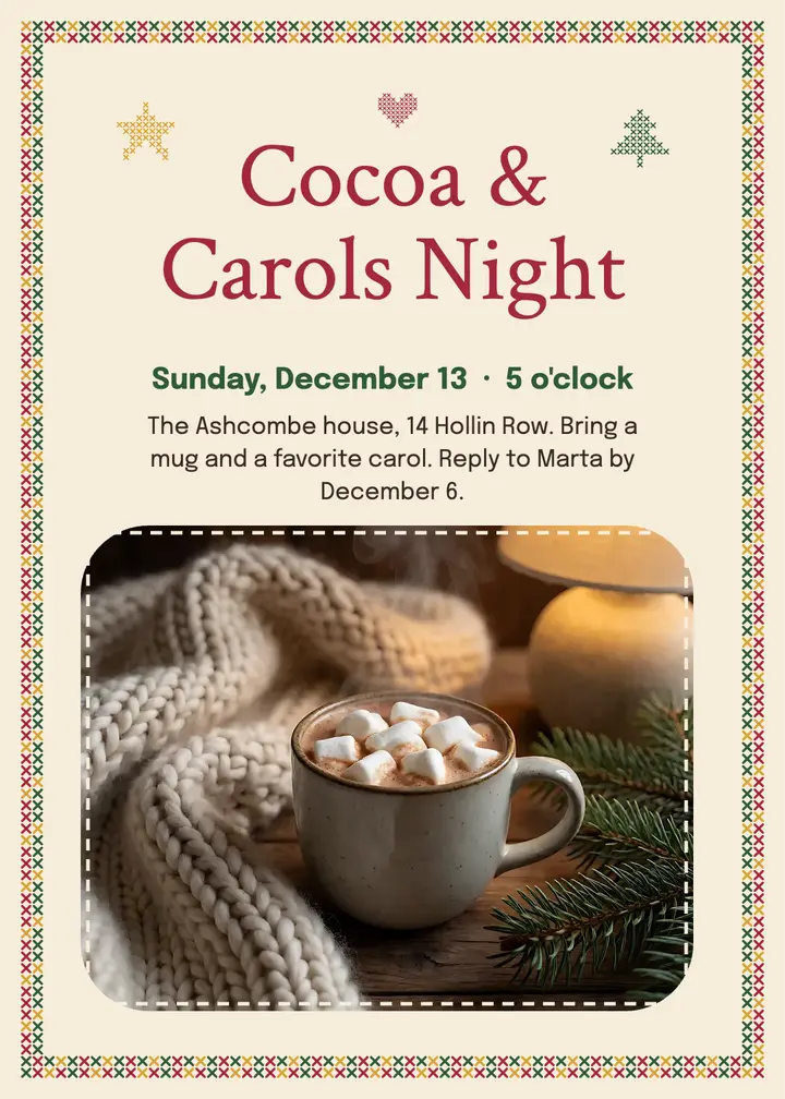Cocoa & Carols holiday invitation, cozy cross-stitch: holiday cocoa party invitation template