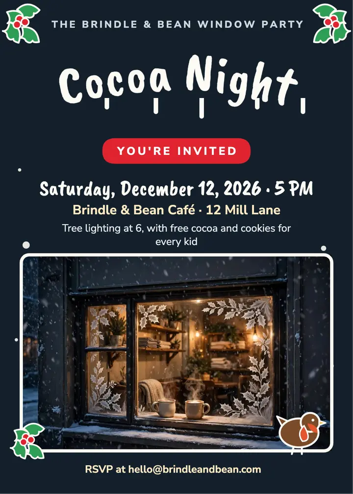 Brindle and Bean cocoa night invitation: cafe holiday window invitation template