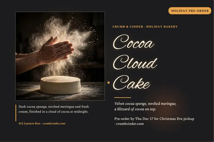Crumb and Cinder cocoa cloud cake postcard template