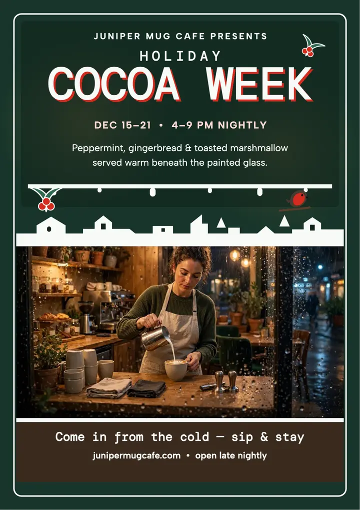 Juniper Mug Holiday Cocoa Week flyer: holiday cafe flyer template