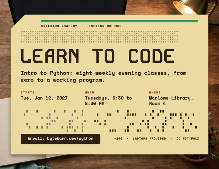 Bytebarn Python course punch-card flyer: coding course flyer template