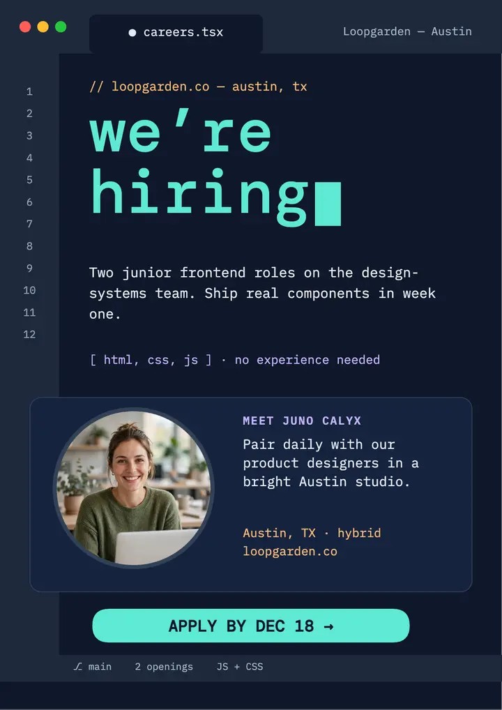 Loopgarden junior frontend hiring flyer template