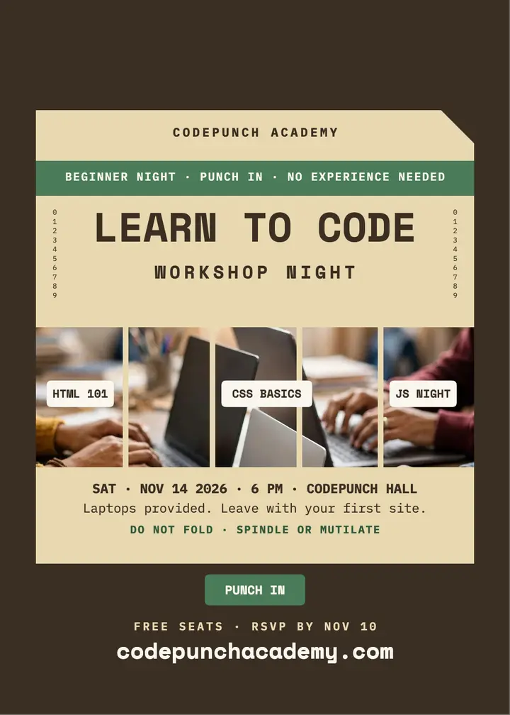 Codepunch Academy coding night invite: coding workshop invitation template