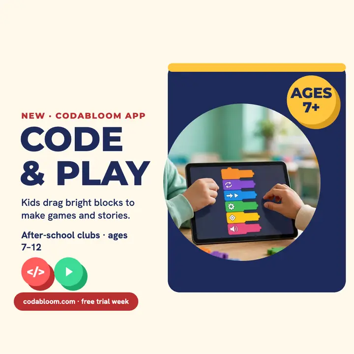 Codabloom code and play flat post: kids coding app post template