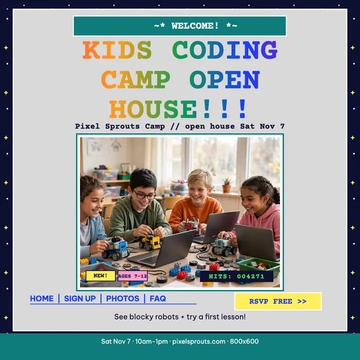 Pixel Sprouts Camp open house retro post: kids coding camp post template