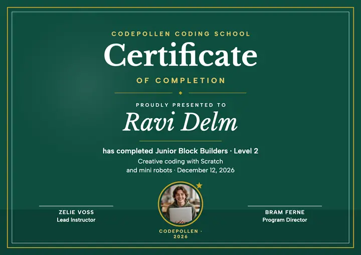 Codepollen coding course certificate, emerald template