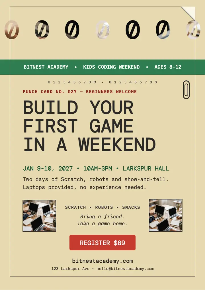 Bitnest coding weekend punch card flyer: coding class flyer template