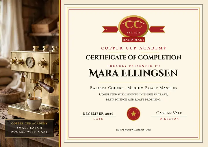 Copper Cup Academy barista certificate template
