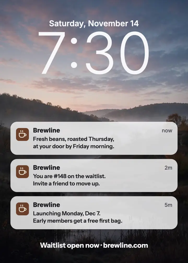 Brewline coffee app waitlist lock screen: app waitlist announcement template