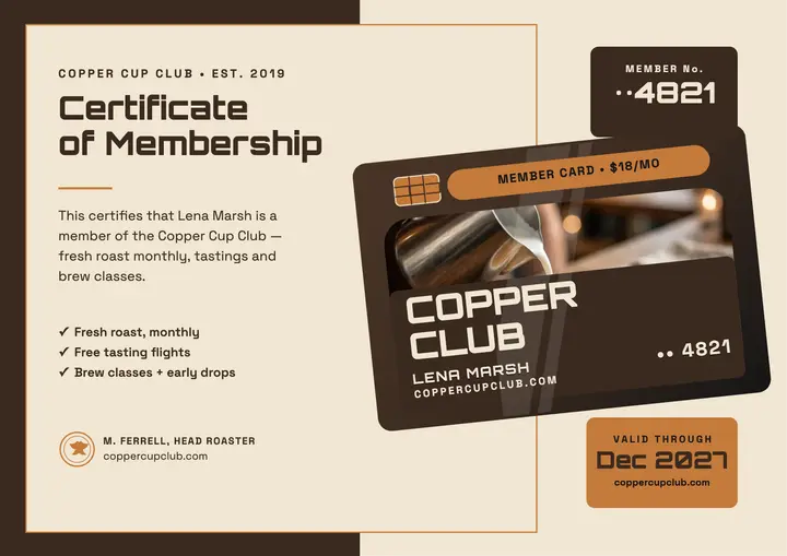 Copper Cup Club member card certificate template
